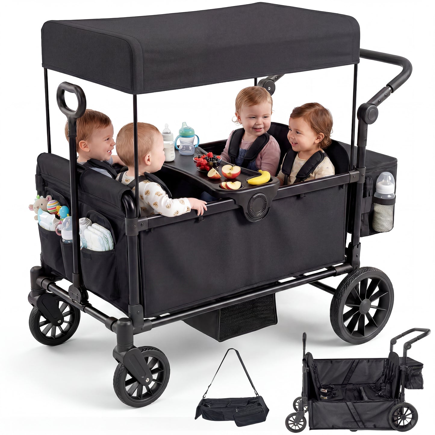 SACVON 4-Seater Stroller Wagon with Side Entry, Canopy & Snack Tray, Includes Detachable Storage Bag That Converts to a Backpack–Black