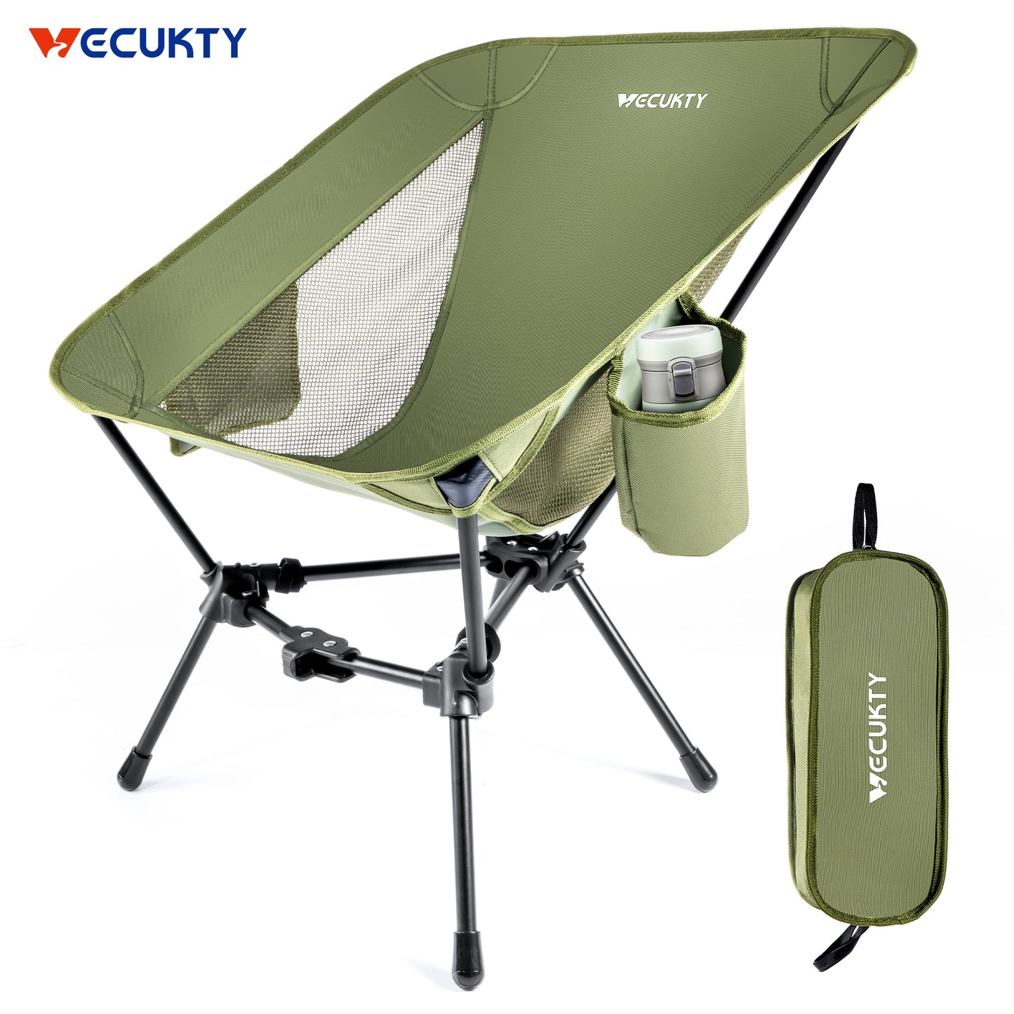 VECUKTY Portable Camping Chair with Carry Bag, Lightweight Folding Outdoor Chair with Side Pocket for Camping, Hiking, Fishing Green