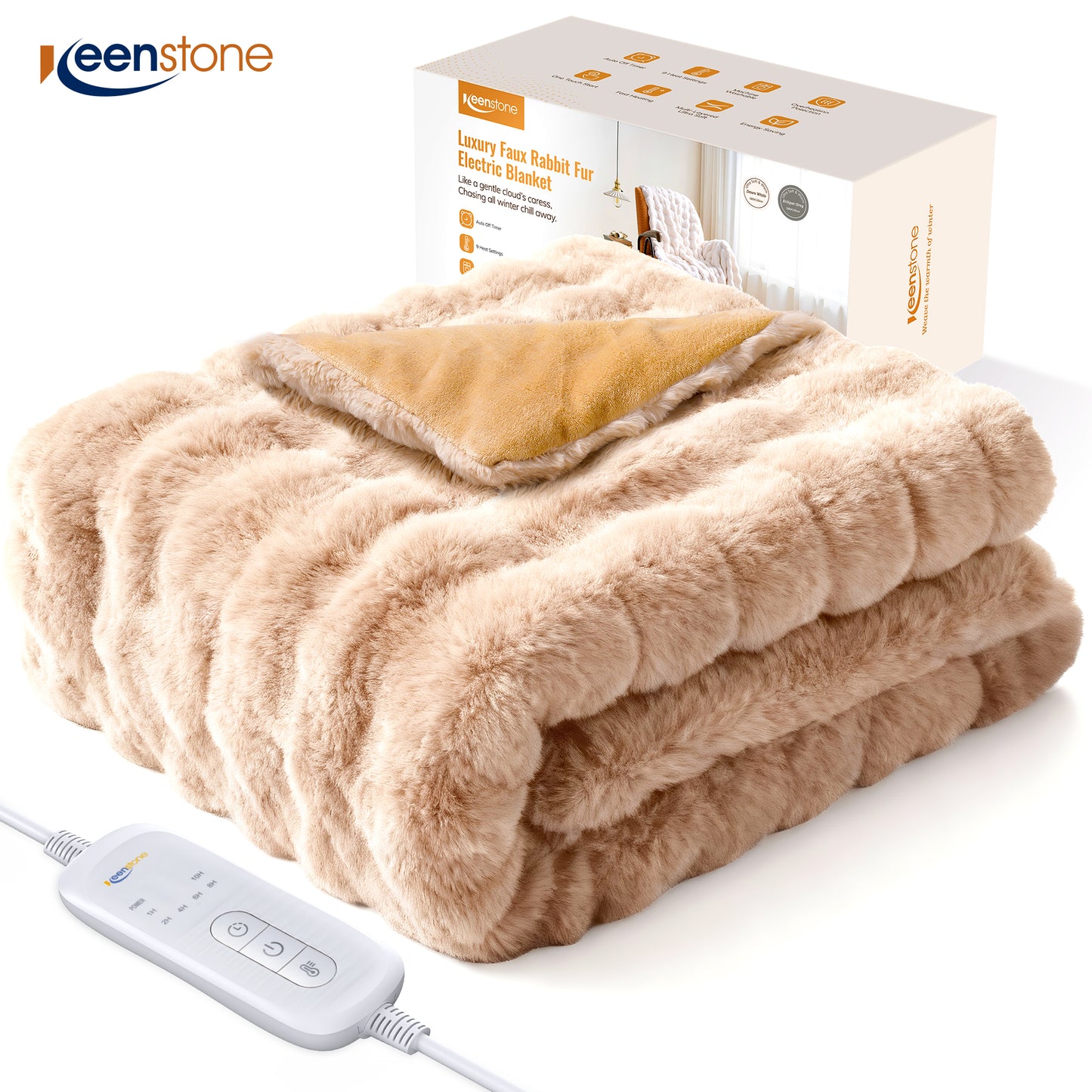Keenstone Heated Blanket Electric Throw Blanket 50"x60",Machine Washable Fast Heating Blanket with 9 Heat Settings,6 Hours Auto Off,Flannel Faux Rabbit Fur Bubble Electric Blanket Brown