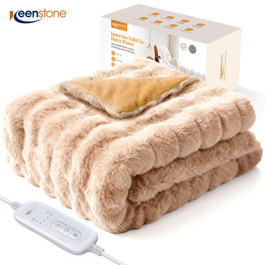 Keenstone Heated Blanket Electric Throw Blanket 50"x60",Machine Washable Fast Heating Blanket with 9 Heat Settings,6 Hours Auto Off,Flannel Faux Rabbit Fur Bubble Electric Blanket Brown