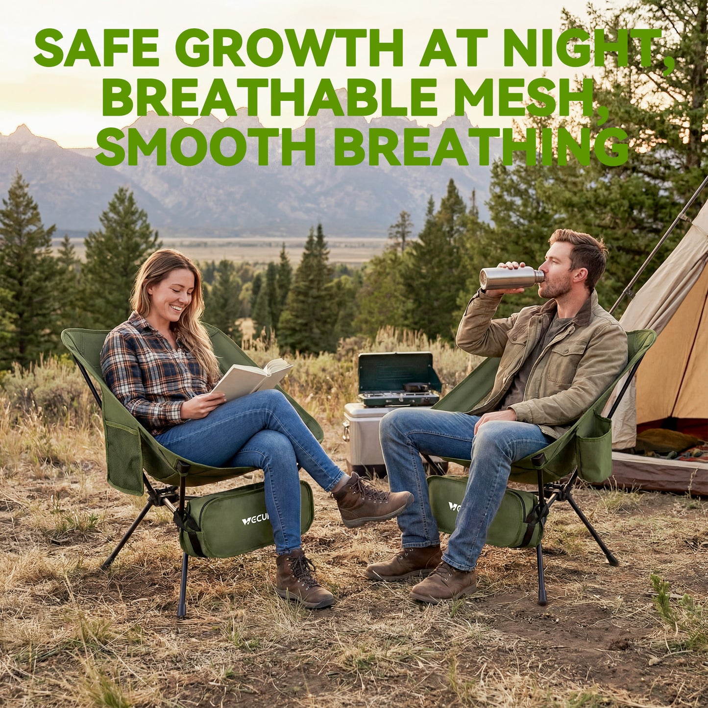 VECUKTY Portable Camping Chair Set, 2 Pack Lightweight Folding Outdoor Chairs with Carry Bags for Camping, Hiking, Fishing,Green