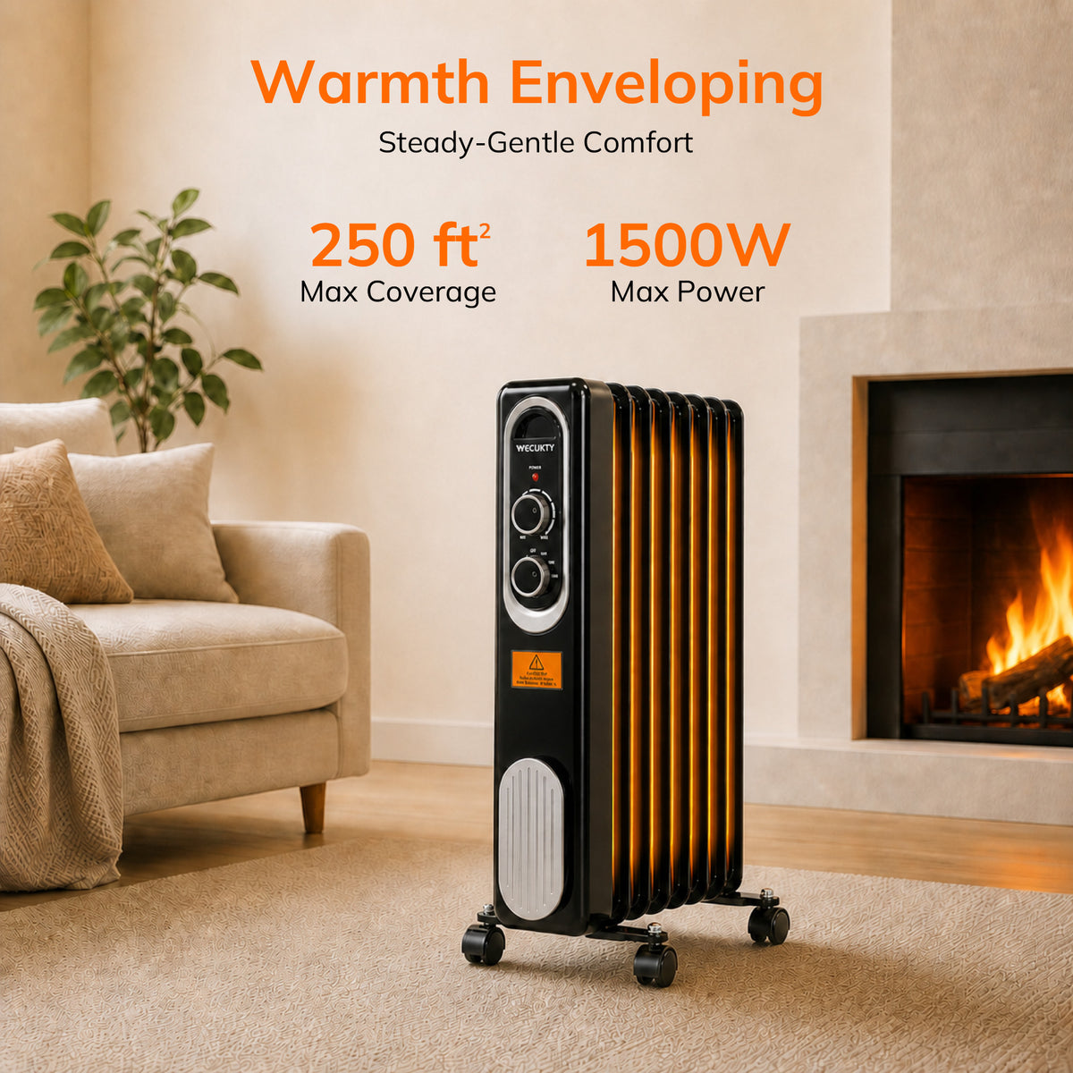 Vecukty Radiator Heater for Large Space, 1500W Electric Oil Filled Radiator, Dual Knobs, 7-Fin Oil Radiator, Quiet Space Heater, 3 Modes, Overheat and Tip-over Protection, 24H Timer