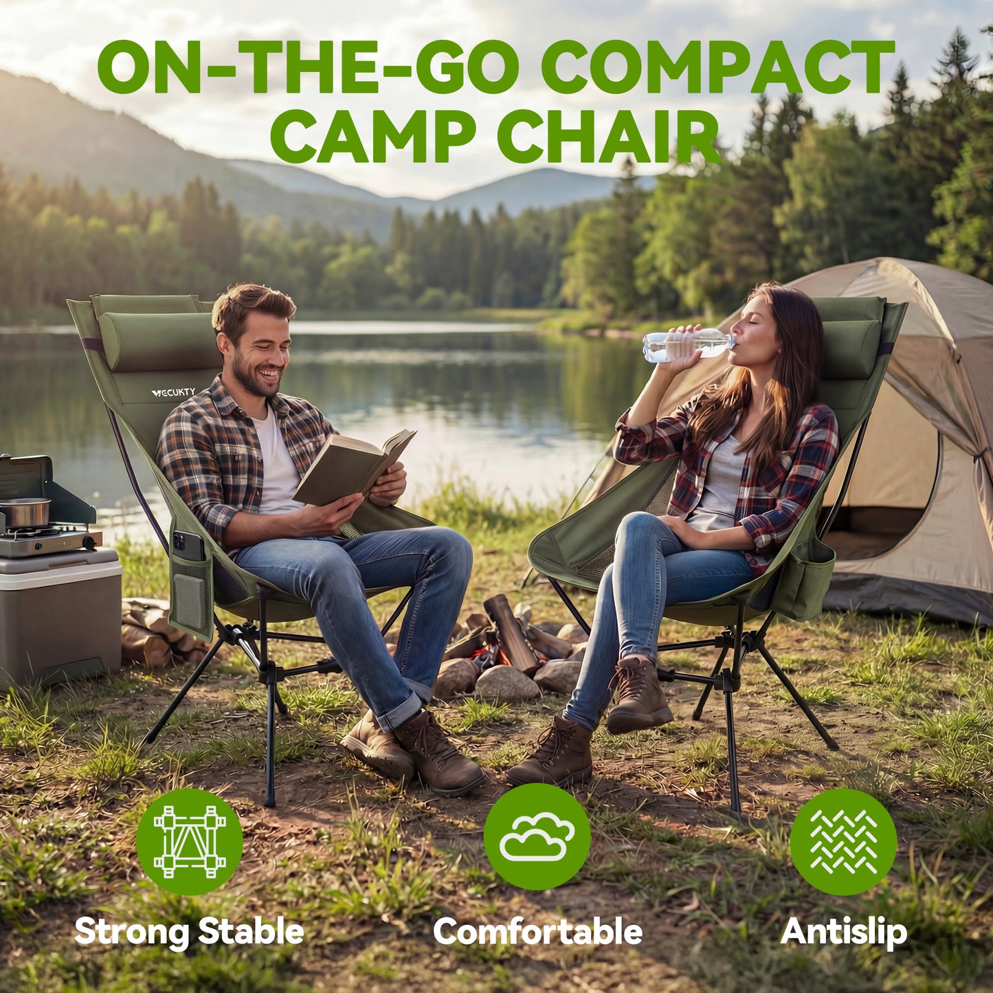 Triangle Frame High Back Folding Camping Chair, Portable Moon Chair with Enhanced Stability, Includes Carry Bag, Army Green