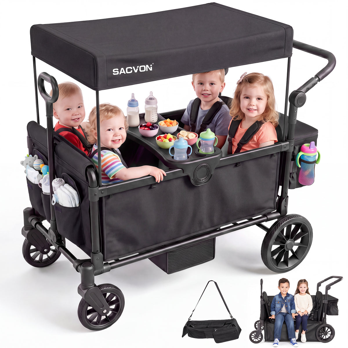 SACVON 4-Seater Stroller Wagon with Side Entry, Canopy & Snack Tray, Includes Detachable Storage Bag That Converts to a Backpack–Black