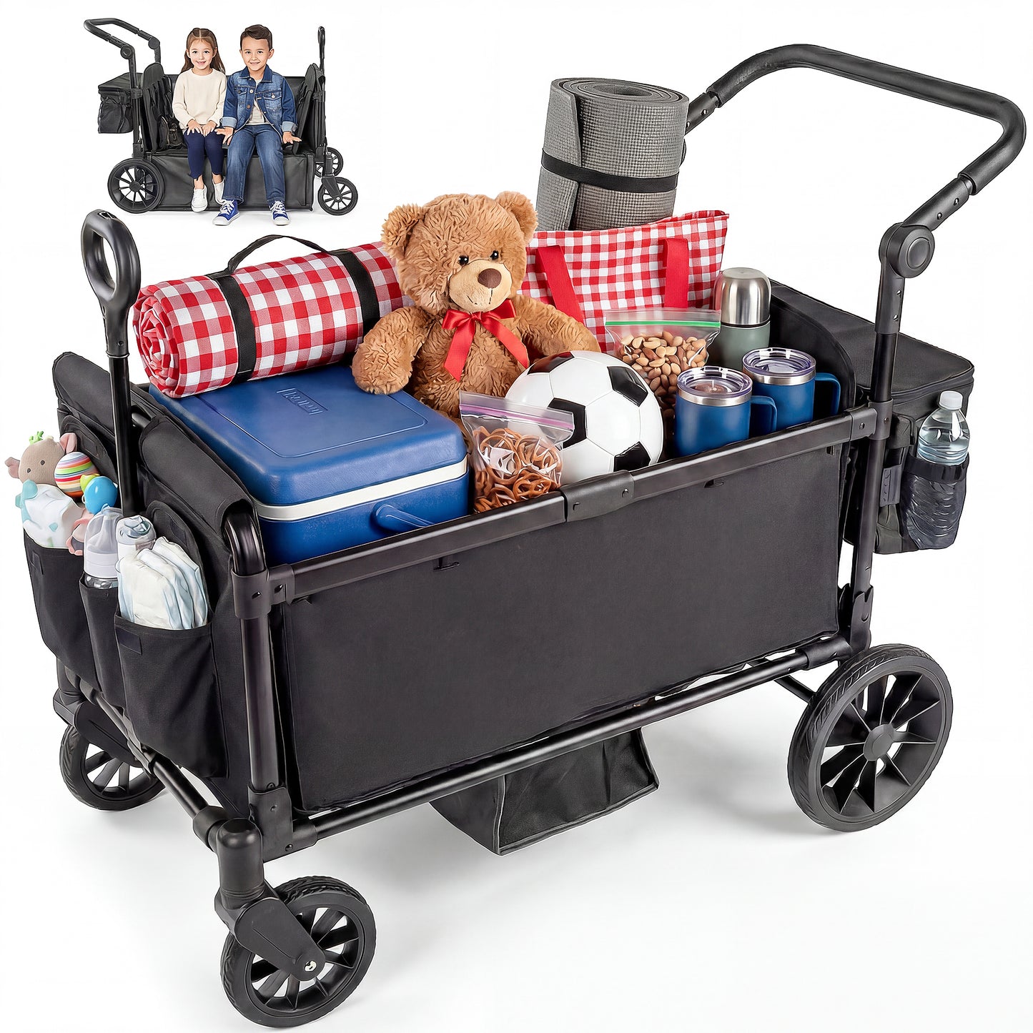 SACVON 4-Seater Stroller Wagon with Side Entry, Canopy & Snack Tray, Includes Detachable Storage Bag That Converts to a Backpack–Black