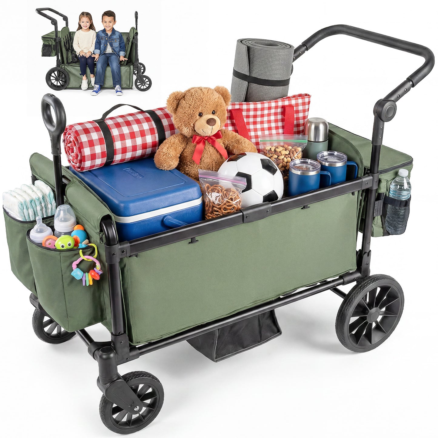 SACVON 4-Seater Stroller Wagon with Side Entry, Canopy & Snack Tray, Includes Detachable Storage Bag That Converts to a Backpack– Olive Green