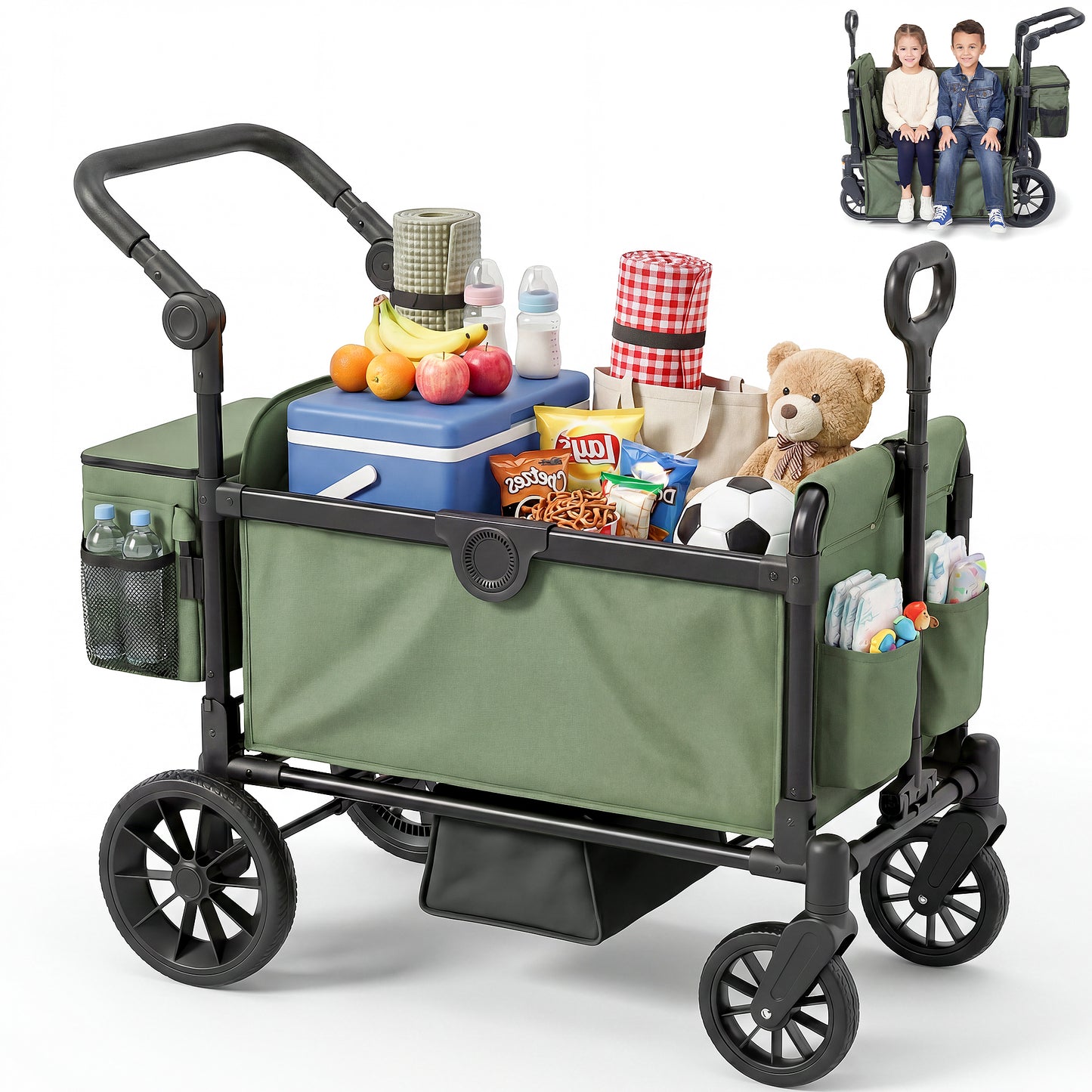SACVON 2-Seater Stroller Wagon with Side Entry, Canopy & Snack Tray, Includes Removable Storage Bag That Converts to a Backpack-Olive Green