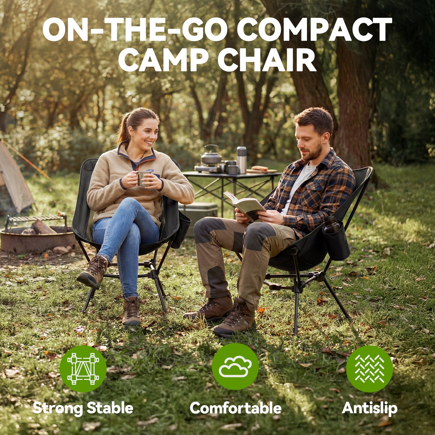 VECUKTY Portable Camping Chair Set, 2 Pack Lightweight Folding Outdoor Chairs with Carry Bags for Camping, Hiking, Fishing,Black