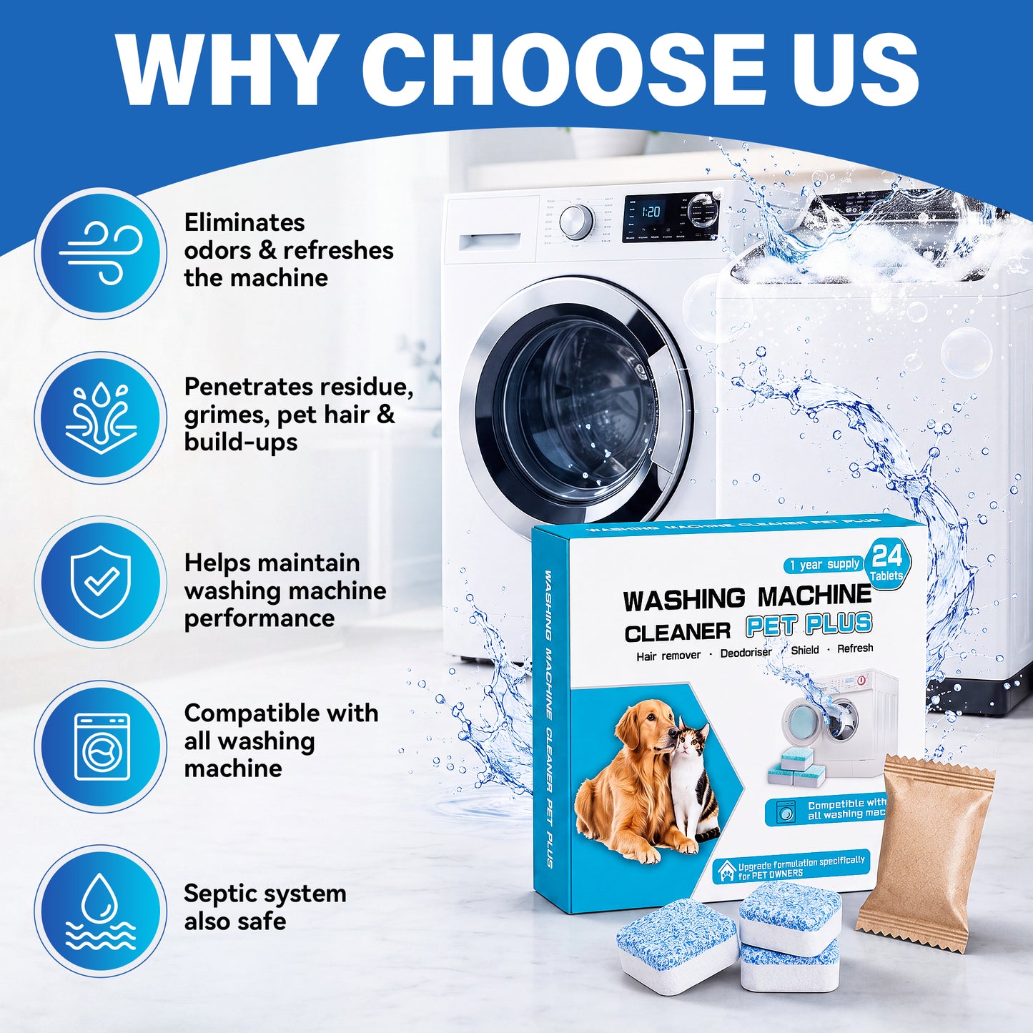 Washing Machine Cleaner Tablets 24 Pack, Washer Machine Cleaning Tablets for Pet Owners, Deep Washer Cleaner Tablets for HE Front and Top Loaders