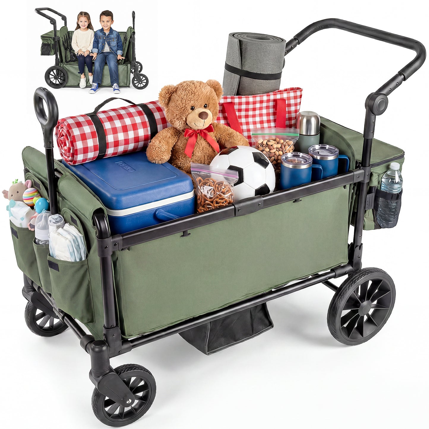 SACVON 4-Seater Stroller Wagon with Side Entry, Canopy & Snack Tray, Includes Detachable Storage Bag That Converts to a Backpack– Olive Green