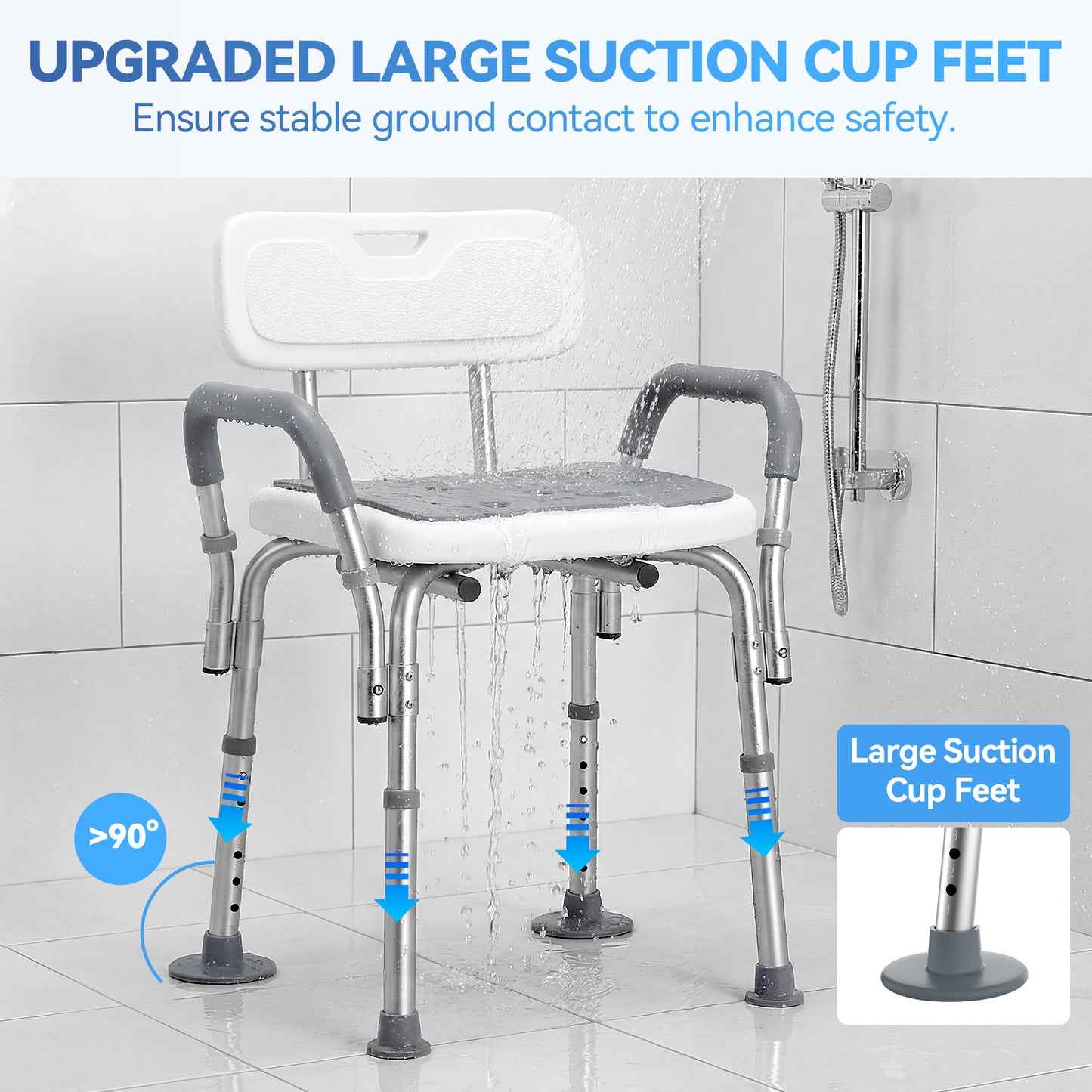 SACVON Shower Chair for Elderly, Adjustable Height Bath Chair with Armrests, Backrest and Non-Slip Seat, 300 lbs Capacity, White