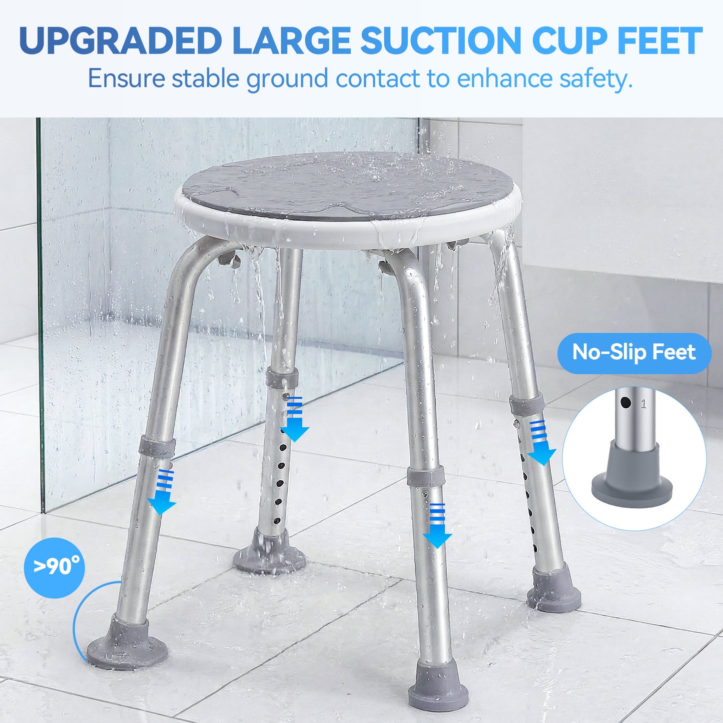 SACVON Adjustable Round Shower Chair, Non-Slip Bath Stool with Aluminum Legs, Tool-Free Height Adjustable Seat for Shower or Tub, Gray