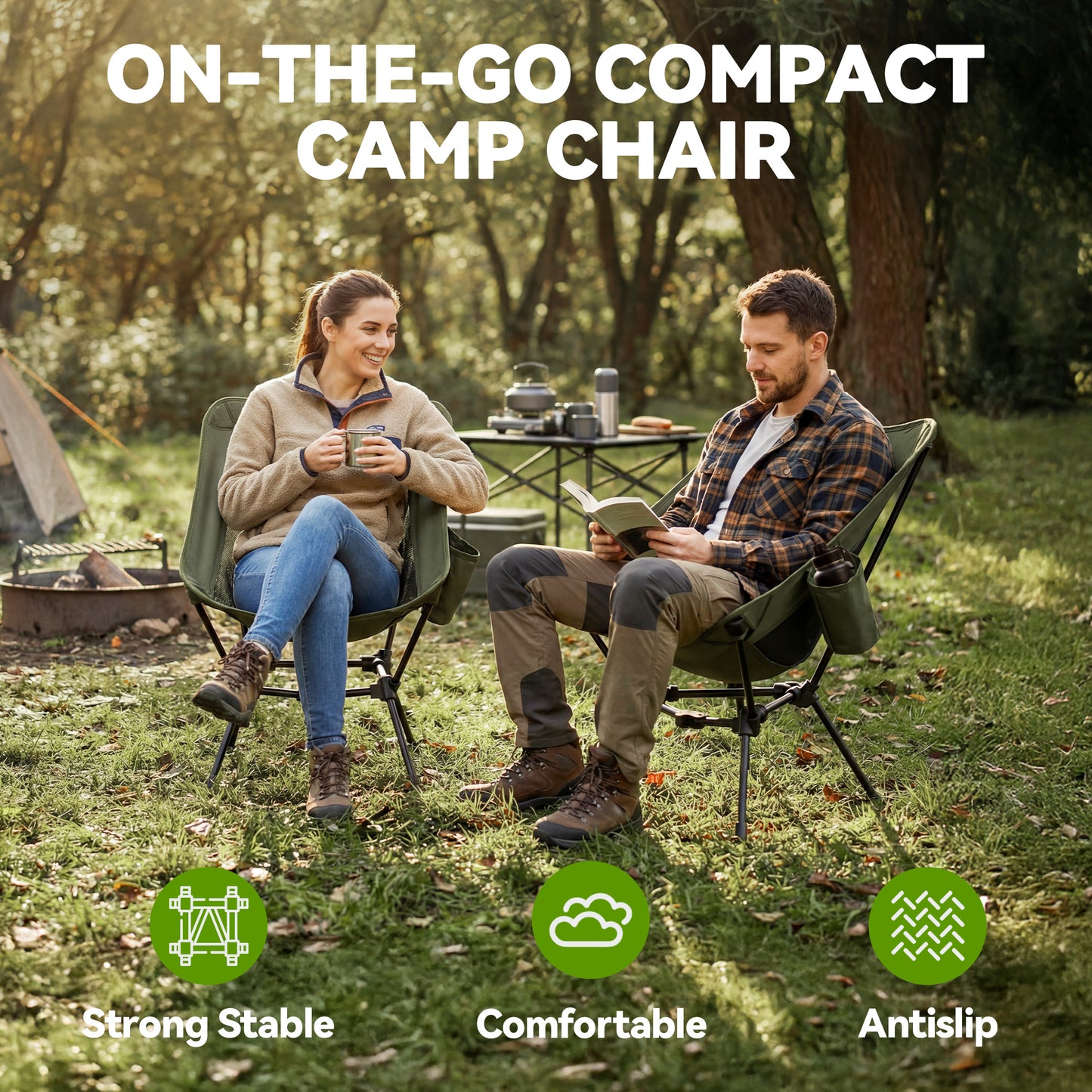 VECUKTY Portable Camping Chair Set, 2 Pack Lightweight Folding Outdoor Chairs with Carry Bags for Camping, Hiking, Fishing,Green