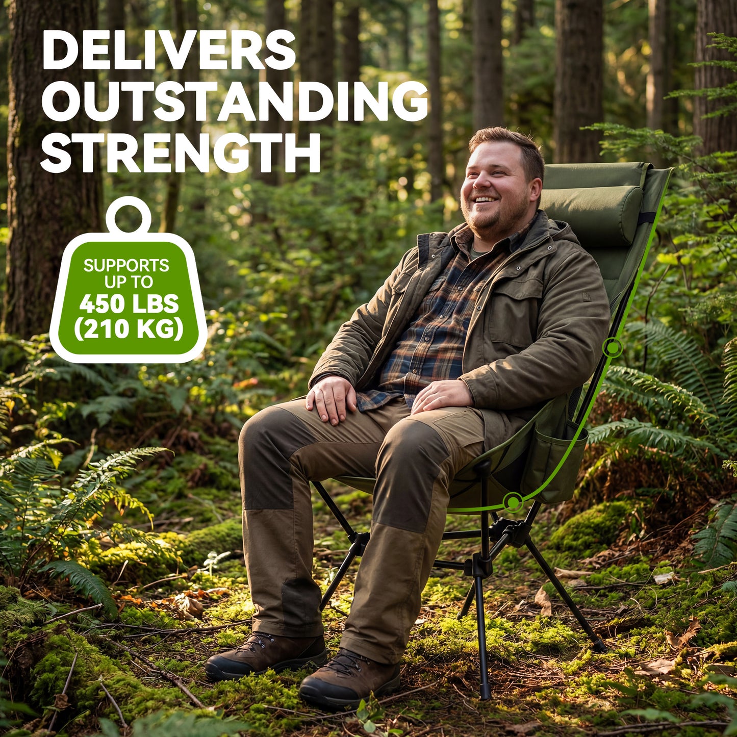 Triangle Frame High Back Folding Camping Chair, Portable Moon Chair with Enhanced Stability, Includes Carry Bag, Army Green