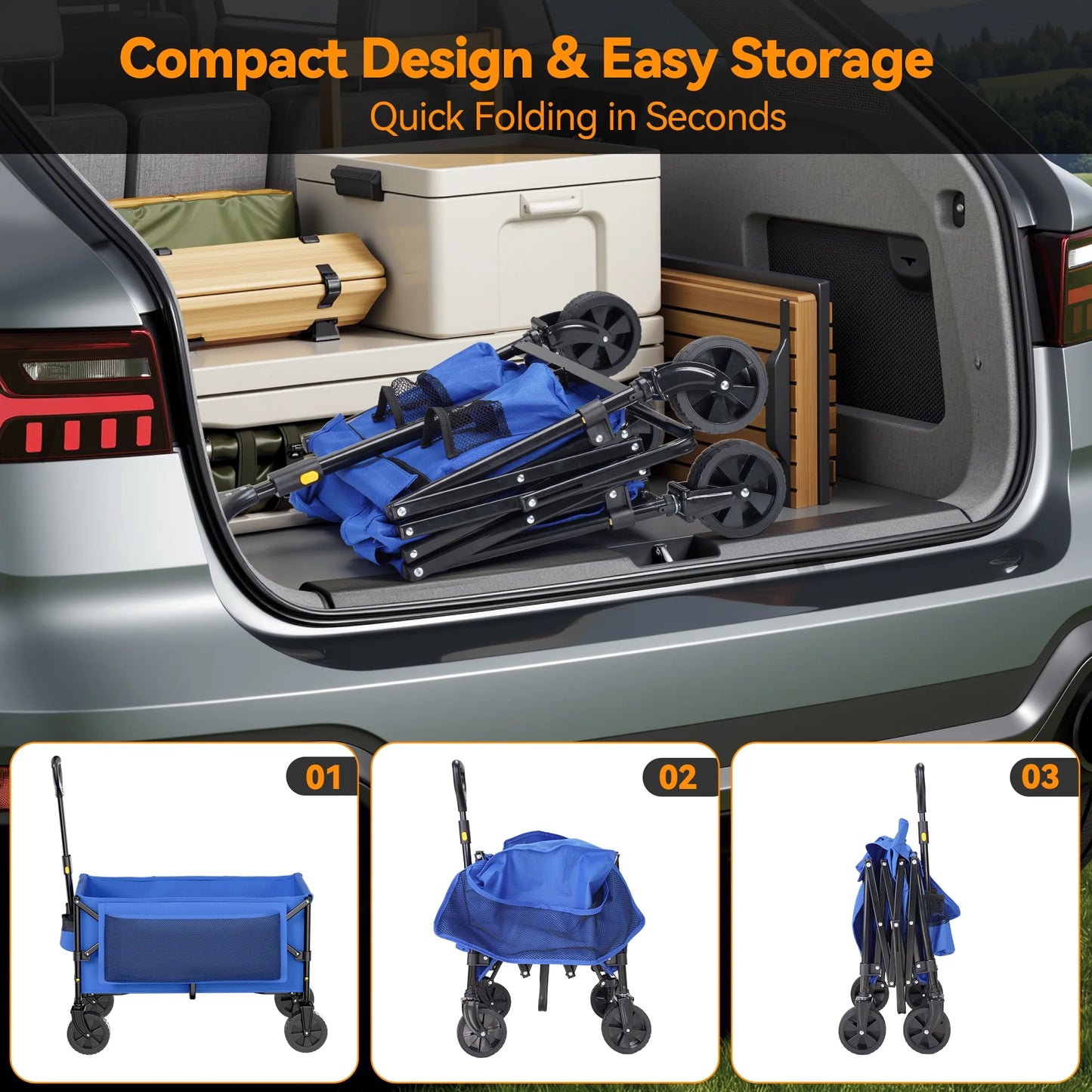 Vecukty Collapsible Folding Wagon,Portable Utility Wagon Cart for Outdoor Camping, Shopping, Sports, Grocery, Kids, Blue