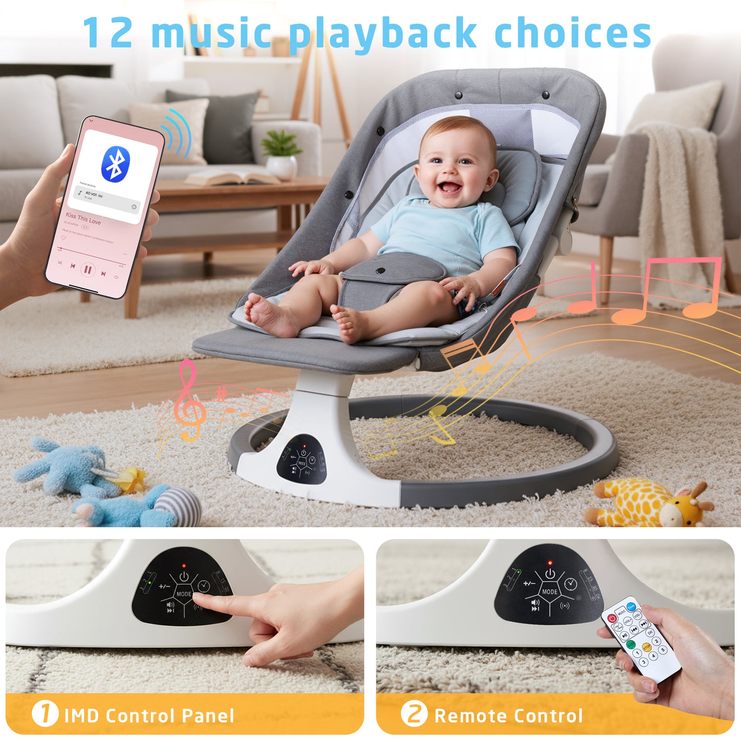 SACVON Portable Baby Swing, 5 Speed & Bluetooth Music, with Remote Control for Indoor Outdoor Use, for Infants 0-6 Months, Dark Gray