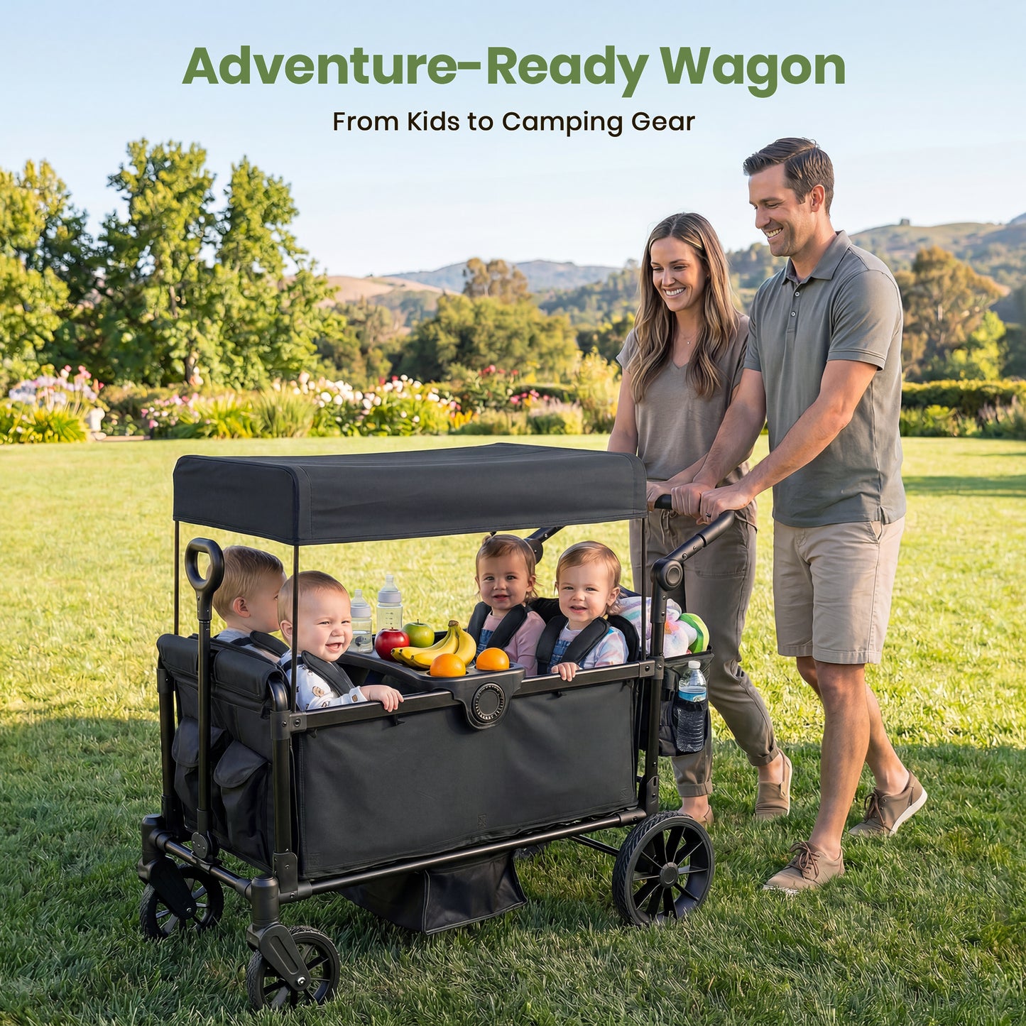 SACVON 4-Seater Stroller Wagon with Side Entry, Canopy & Snack Tray, Includes Detachable Storage Bag That Converts to a Backpack–Black