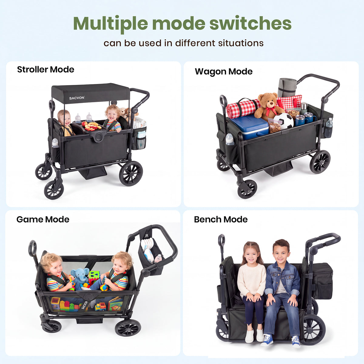 SACVON Wagon Stroller for 2 Toddlers, 4‑in‑1 Collapsible Stroller Wagon with Side Entry, 5‑Point Safety Harness, Adjustable Canopy, Snack Tray & Convertible Backpack Storage Bag, Black