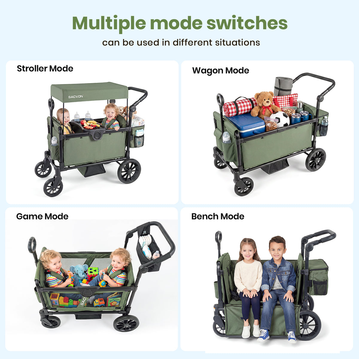 SACVON 2-Seater Stroller Wagon with Side Entry, Canopy & Snack Tray, Includes Removable Storage Bag That Converts to a Backpack-Olive Green