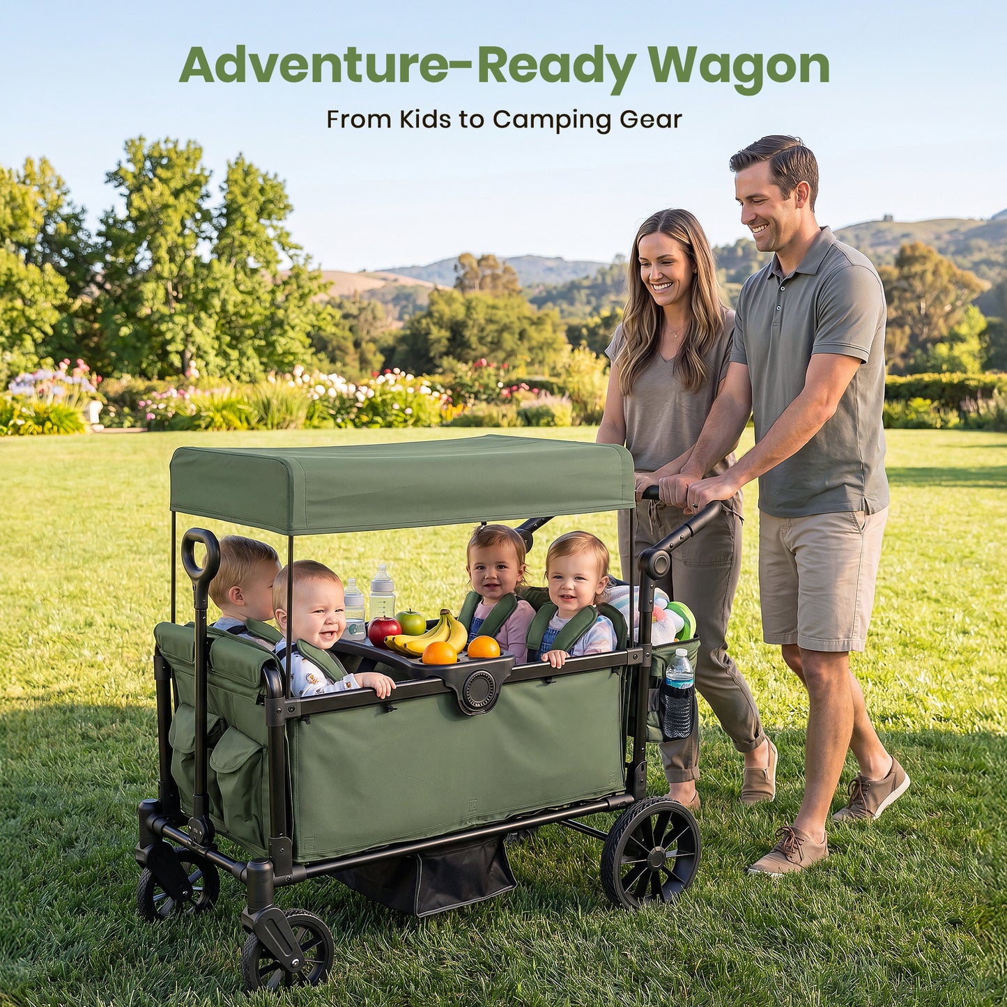 SACVON 4-Seater Stroller Wagon with Side Entry, Canopy & Snack Tray, Includes Detachable Storage Bag That Converts to a Backpack– Olive Green