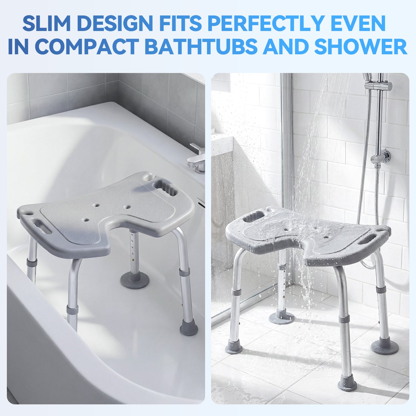 SACVON  U-Shaped Shower Chair , Adjustable Lightweight Alloy Aluminum Shower Stool, Tool-Free Assembly Bath Chair for Elderly and Disabled, 300 lbs Load, Gray