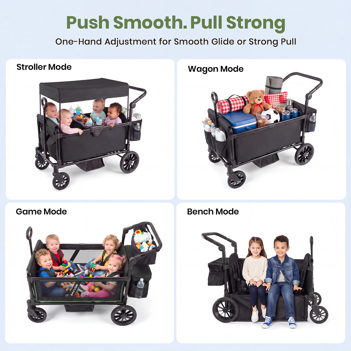 SACVON 4-Seater Stroller Wagon with Side Entry, Canopy & Snack Tray, Includes Detachable Storage Bag That Converts to a Backpack–Black