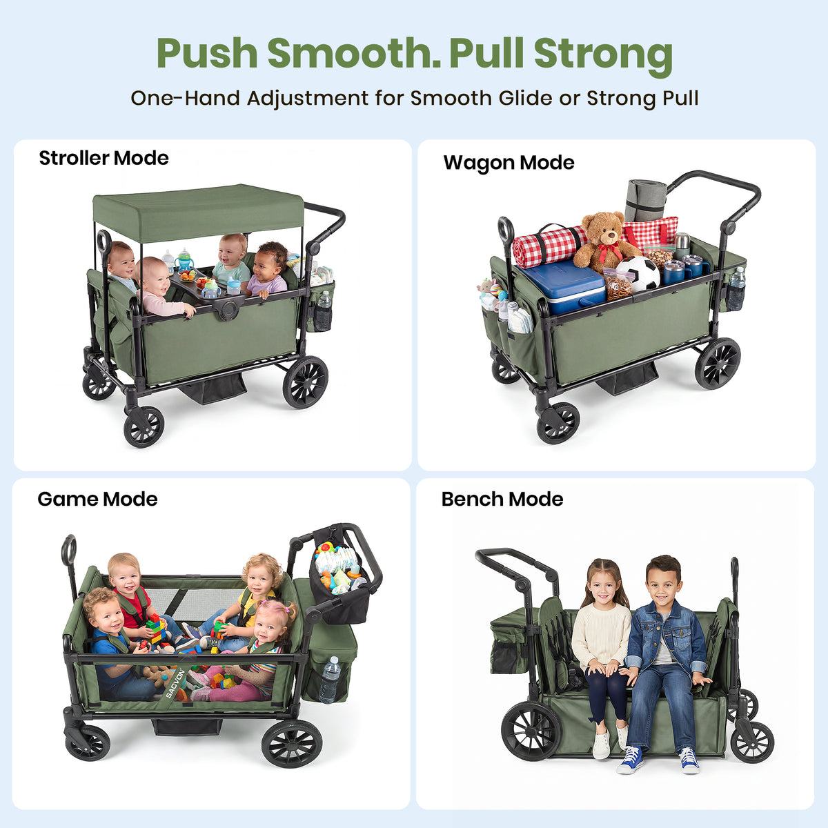 SACVON 4-Seater Stroller Wagon with Side Entry, Canopy & Snack Tray, Includes Detachable Storage Bag That Converts to a Backpack– Olive Green