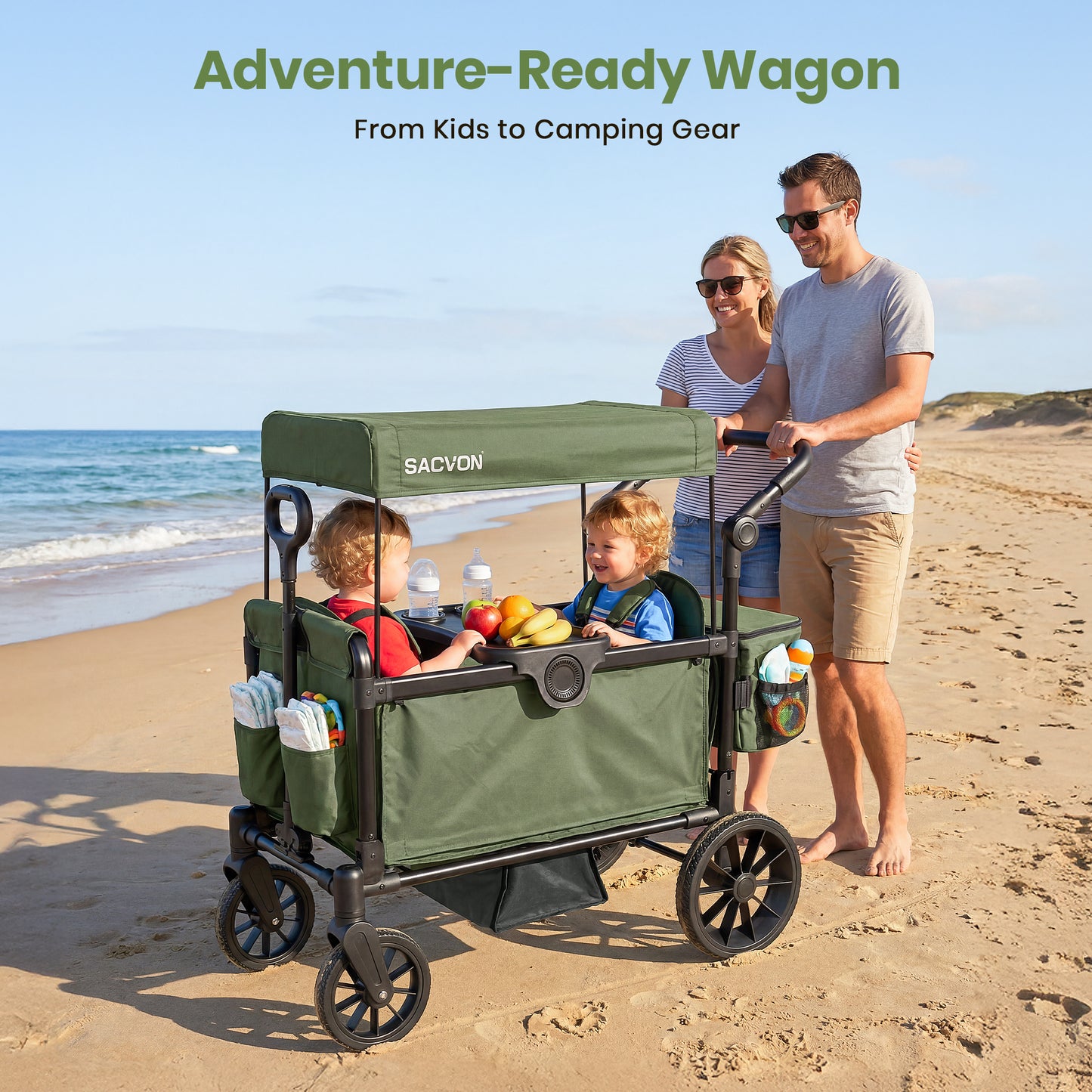 SACVON 2-Seater Stroller Wagon with Side Entry, Canopy & Snack Tray, Includes Removable Storage Bag That Converts to a Backpack-Olive Green