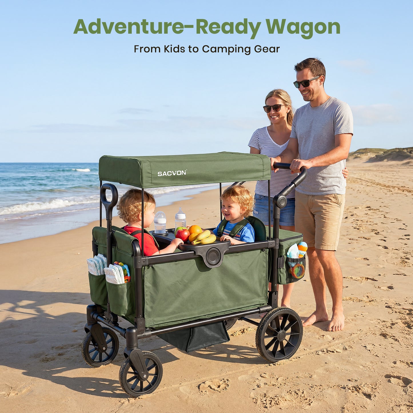 SACVON 2-Seater Stroller Wagon with Side Entry, Canopy & Snack Tray, Includes Removable Storage Bag That Converts to a Backpack-Olive Green