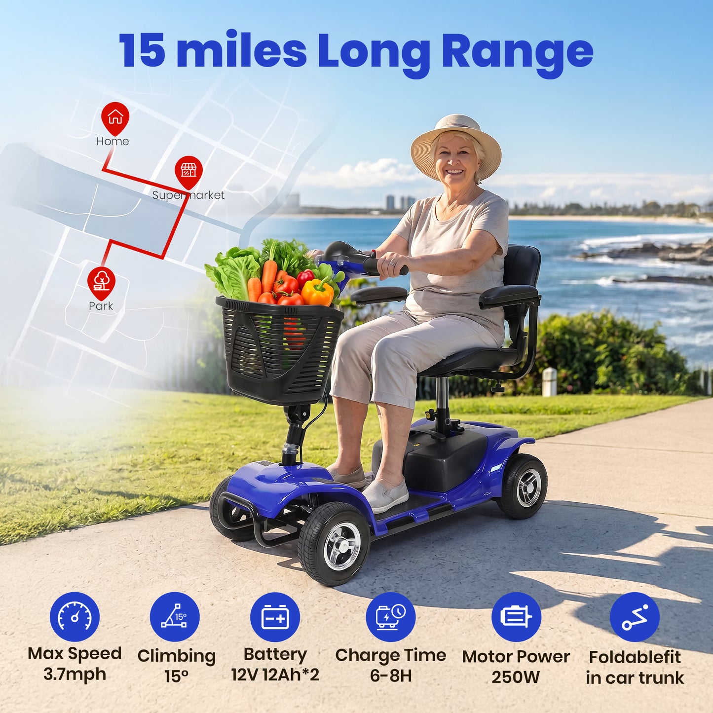 SACVON 4 Wheel Mobility Scooter for Seniors, 330 lbs Heavy Duty Electric Powered Scooter with 15 Miles Long Range, Swivel Seat & Removable Basket for Travel and Grocery Shopping, Blue