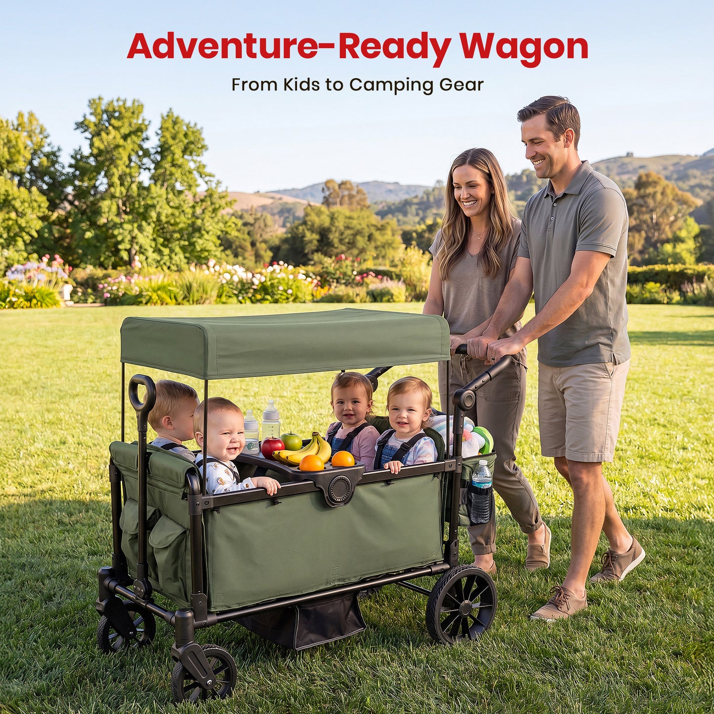 SACVON 4-Seater Stroller Wagon with Side Entry, Canopy & Snack Tray, Includes Detachable Storage Bag That Converts to a Backpack– Olive Green
