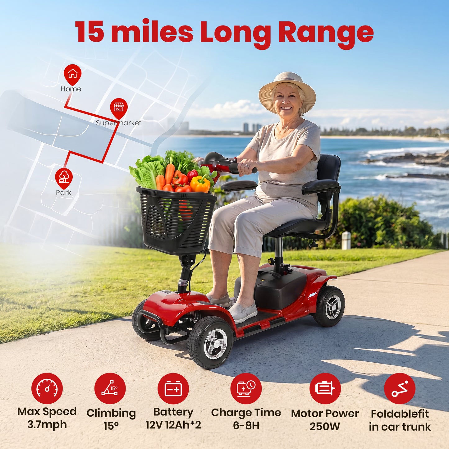 SACVON 4 Wheel Mobility Scooter for Seniors, 330 lbs Heavy Duty Electric Powered Scooter with 15 Miles Long Range, Swivel Seat & Removable Basket for Travel and Grocery Shopping, Red