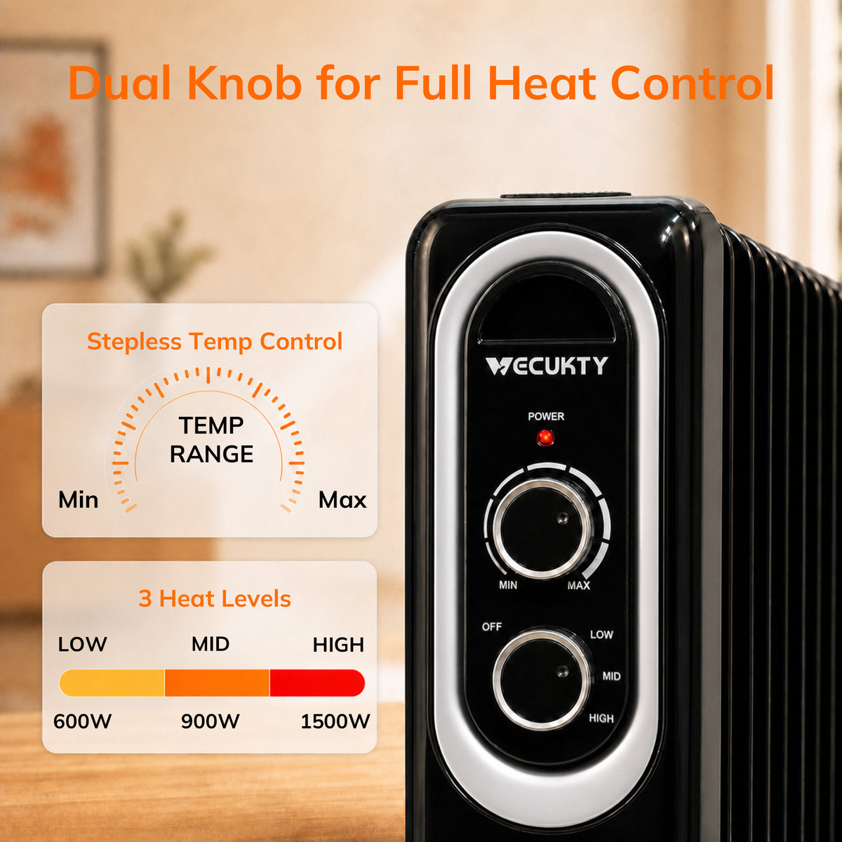Vecukty Radiator Heater for Large Space, 1500W Electric Oil Filled Radiator, Dual Knobs, 7-Fin Oil Radiator, Quiet Space Heater, 3 Modes, Overheat and Tip-over Protection, 24H Timer