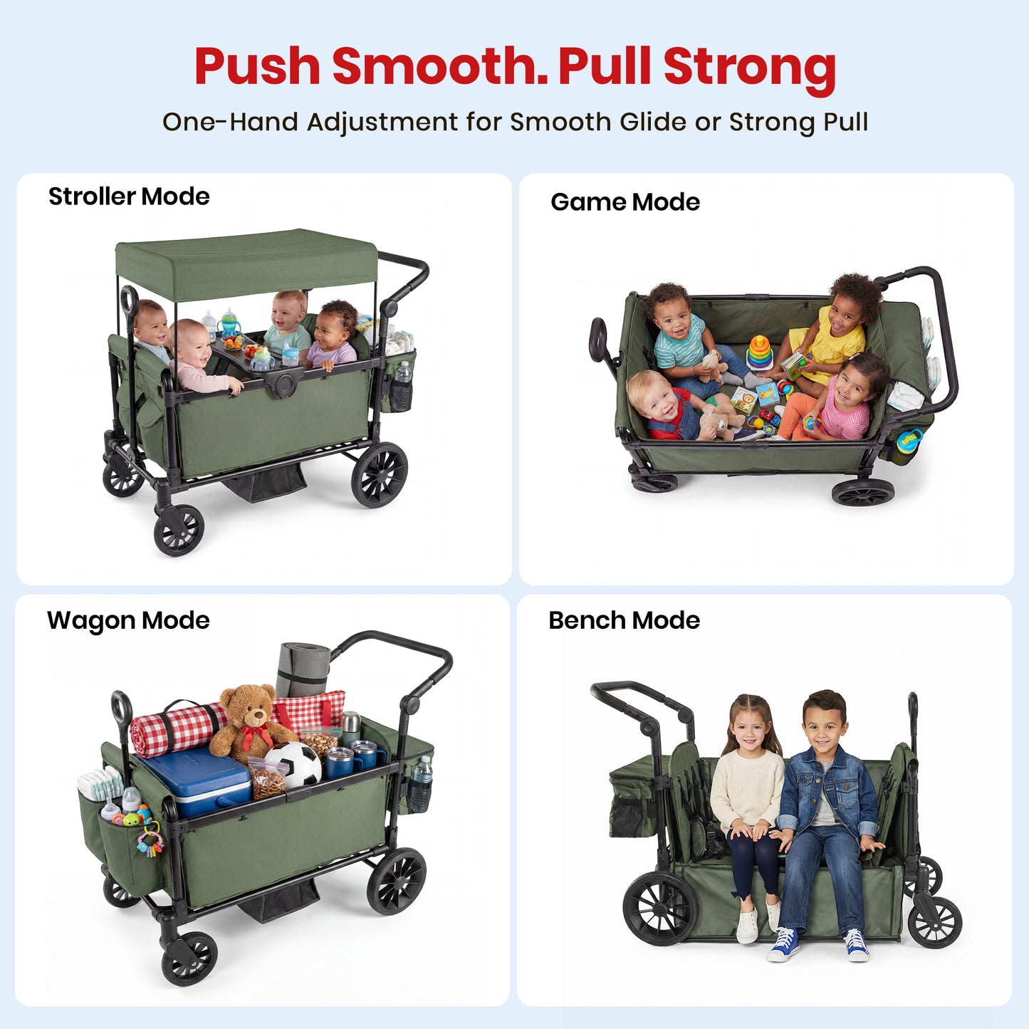 SACVON 4-Seater Stroller Wagon with Side Entry, Canopy & Snack Tray, Includes Detachable Storage Bag That Converts to a Backpack– Olive Green