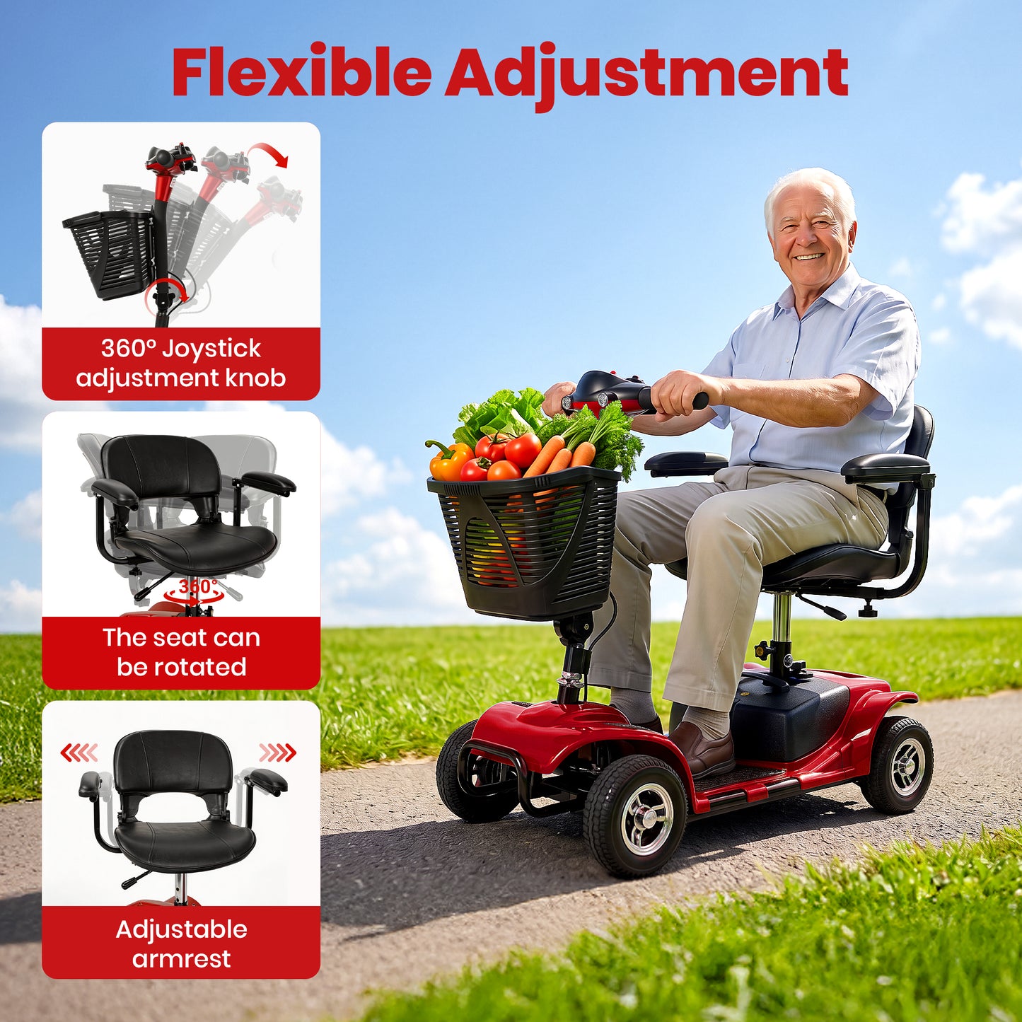 SACVON 4 Wheel Mobility Scooter for Seniors, 330 lbs Heavy Duty Electric Powered Scooter with 15 Miles Long Range, Swivel Seat & Removable Basket for Travel and Grocery Shopping, Red