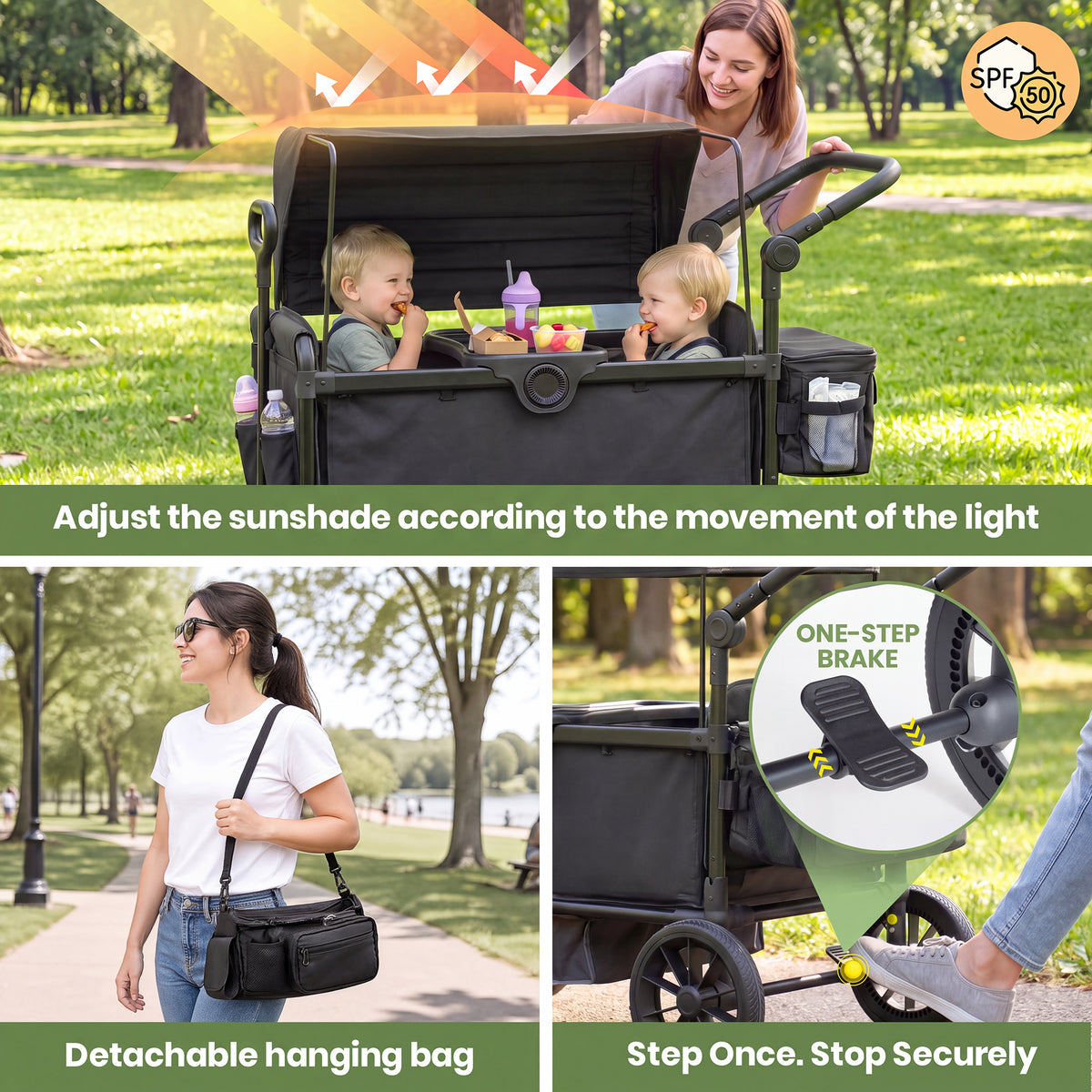 SACVON Wagon Stroller for 2 Toddlers, 4‑in‑1 Collapsible Stroller Wagon with Side Entry, 5‑Point Safety Harness, Adjustable Canopy, Snack Tray & Convertible Backpack Storage Bag, Black