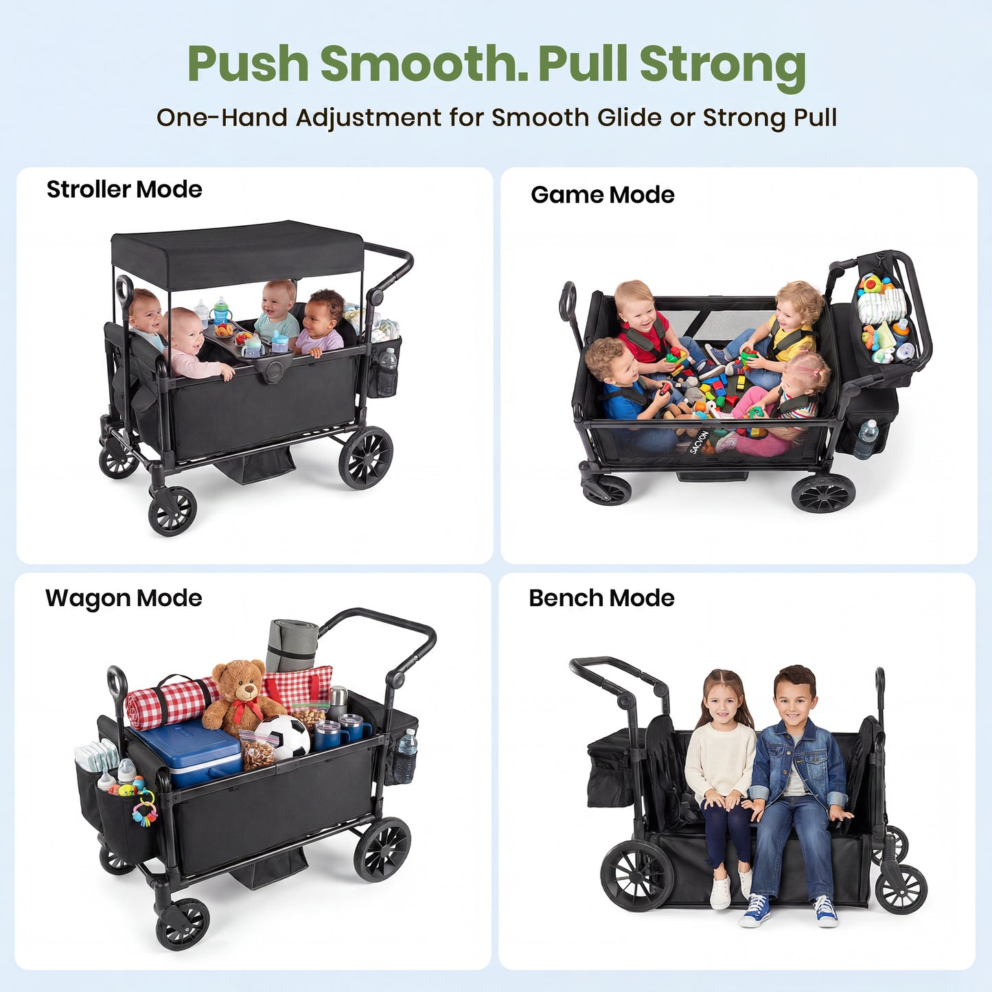 SACVON 4-Seater Stroller Wagon with Side Entry, Canopy & Snack Tray, Includes Detachable Storage Bag That Converts to a Backpack–Black
