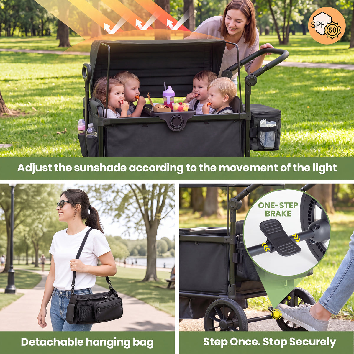 SACVON 4-Seater Stroller Wagon with Side Entry, Canopy & Snack Tray, Includes Detachable Storage Bag That Converts to a Backpack–Black