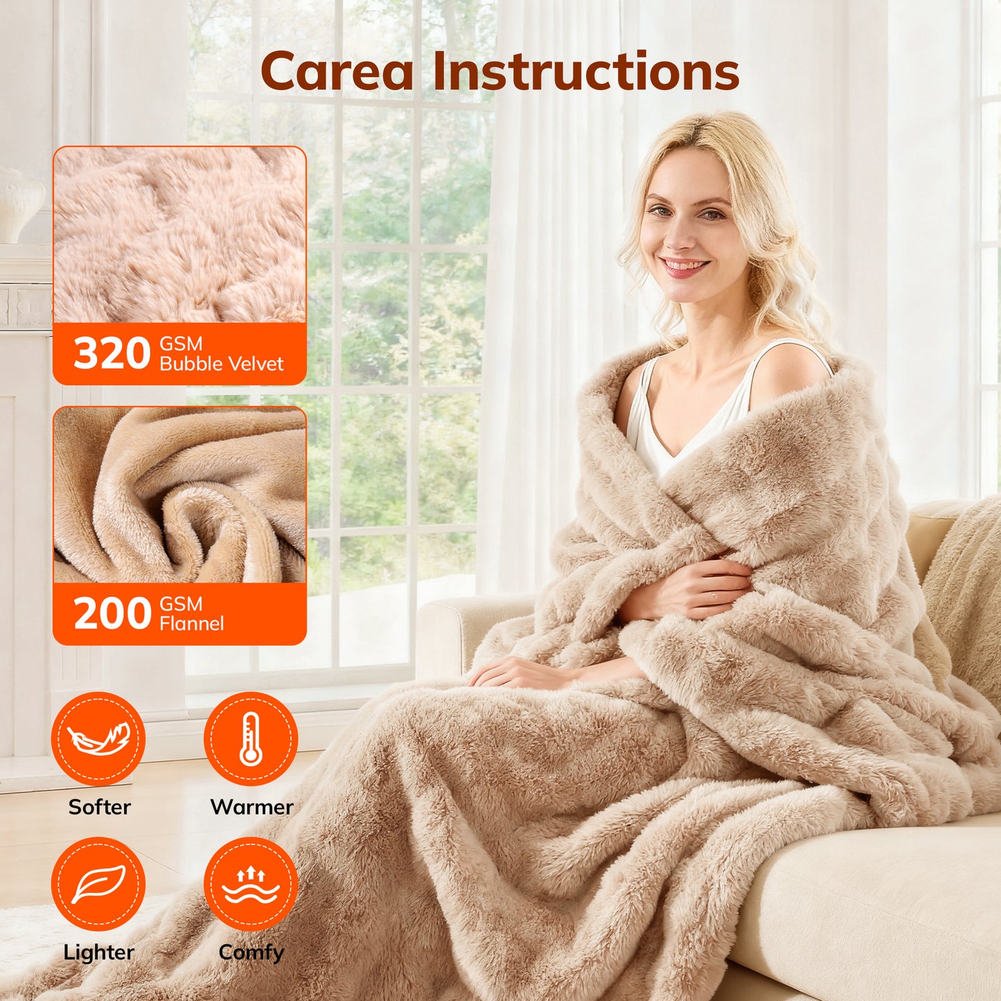 Keenstone Heated Blanket Electric Throw Blanket 50"x60",Machine Washable Fast Heating Blanket with 9 Heat Settings,6 Hours Auto Off,Flannel Faux Rabbit Fur Bubble Electric Blanket Brown