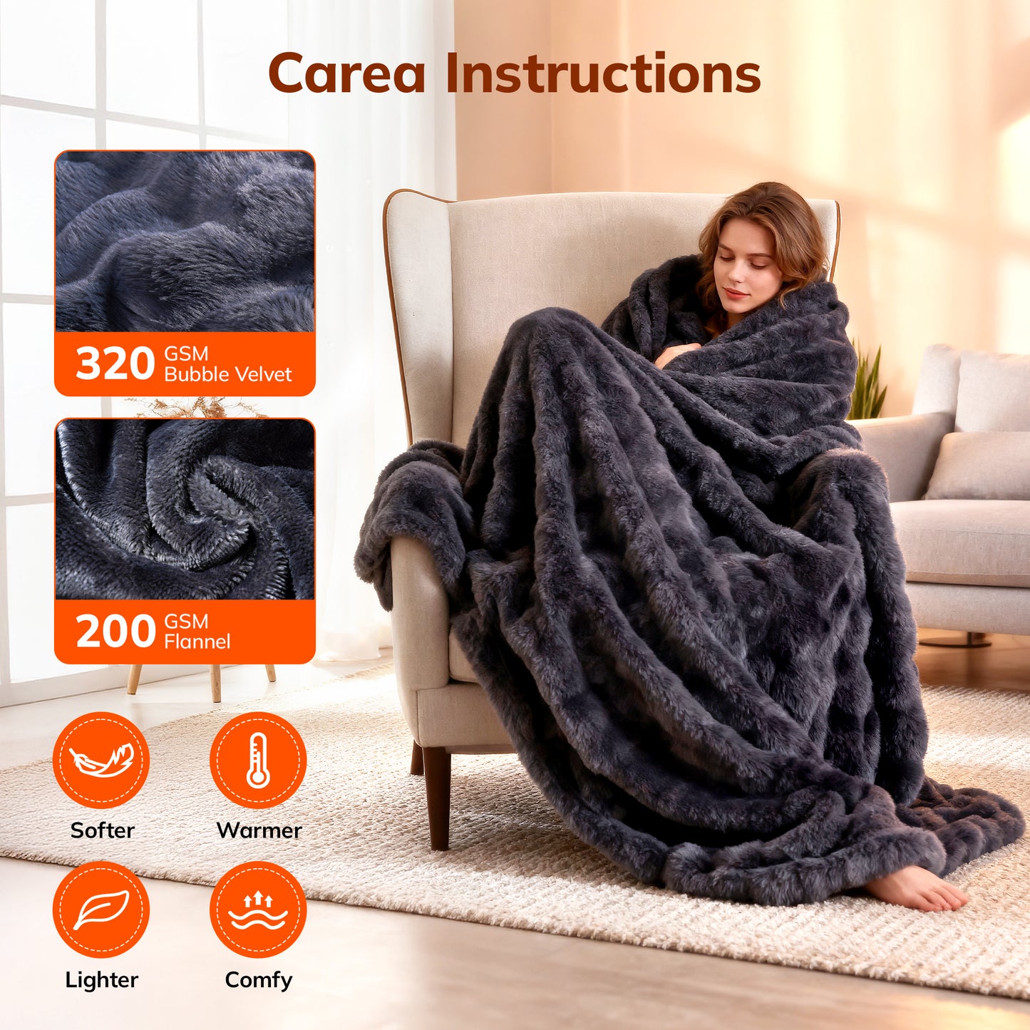 Keenstone Heated Blanket Electric Throw Blanket 50"x60",Machine Washable Fast Heating Blanket with 9 Heat Settings,6 Hours Auto Off,Flannel Faux Rabbit Fur Bubble Electric Blanket Gray