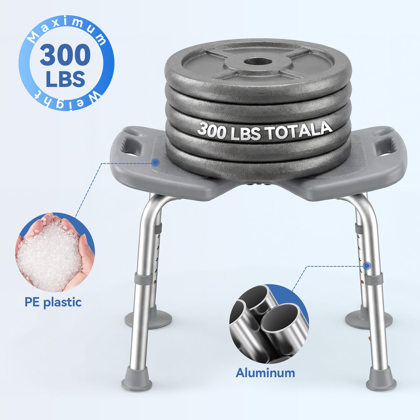 SACVON  U-Shaped Shower Chair , Adjustable Lightweight Alloy Aluminum Shower Stool, Tool-Free Assembly Bath Chair for Elderly and Disabled, 300 lbs Load, Gray