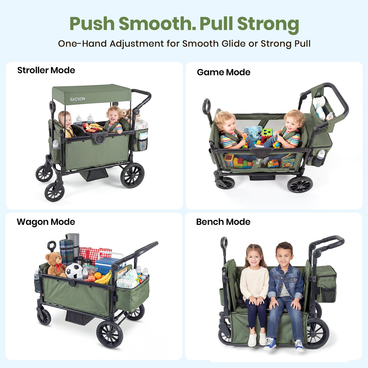 SACVON 2-Seater Stroller Wagon with Side Entry, Canopy & Snack Tray, Includes Removable Storage Bag That Converts to a Backpack-Olive Green