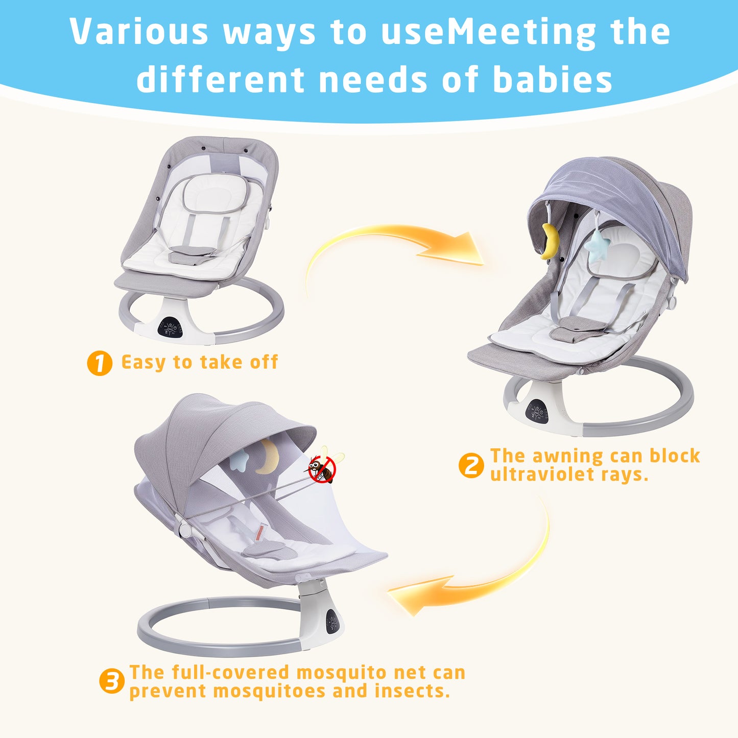 SACVON Portable Baby Swing, 5 Speed & Bluetooth Music, with Remote Control for Indoor Outdoor Use, for Infants 0-6 Months, Gray