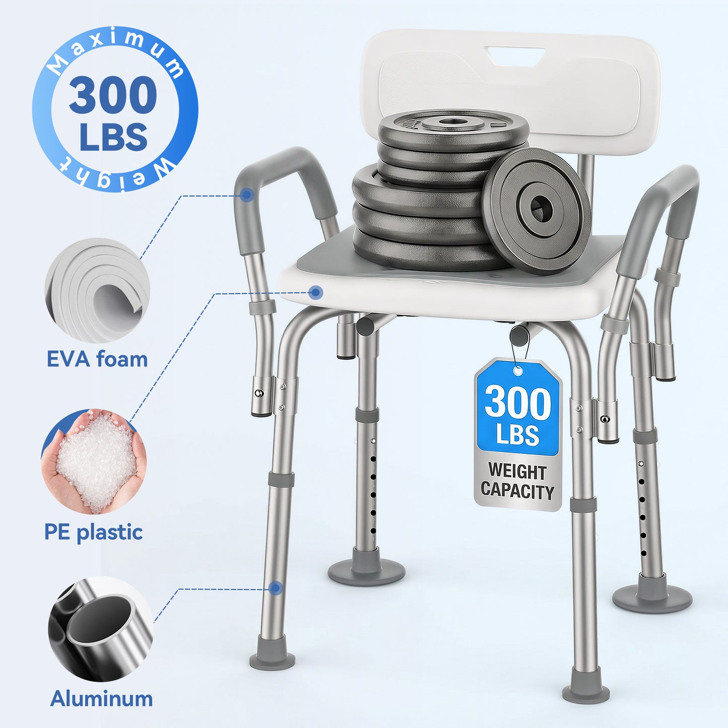 SACVON Shower Chair for Elderly, Adjustable Height Bath Chair with Armrests, Backrest and Non-Slip Seat, 300 lbs Capacity, White