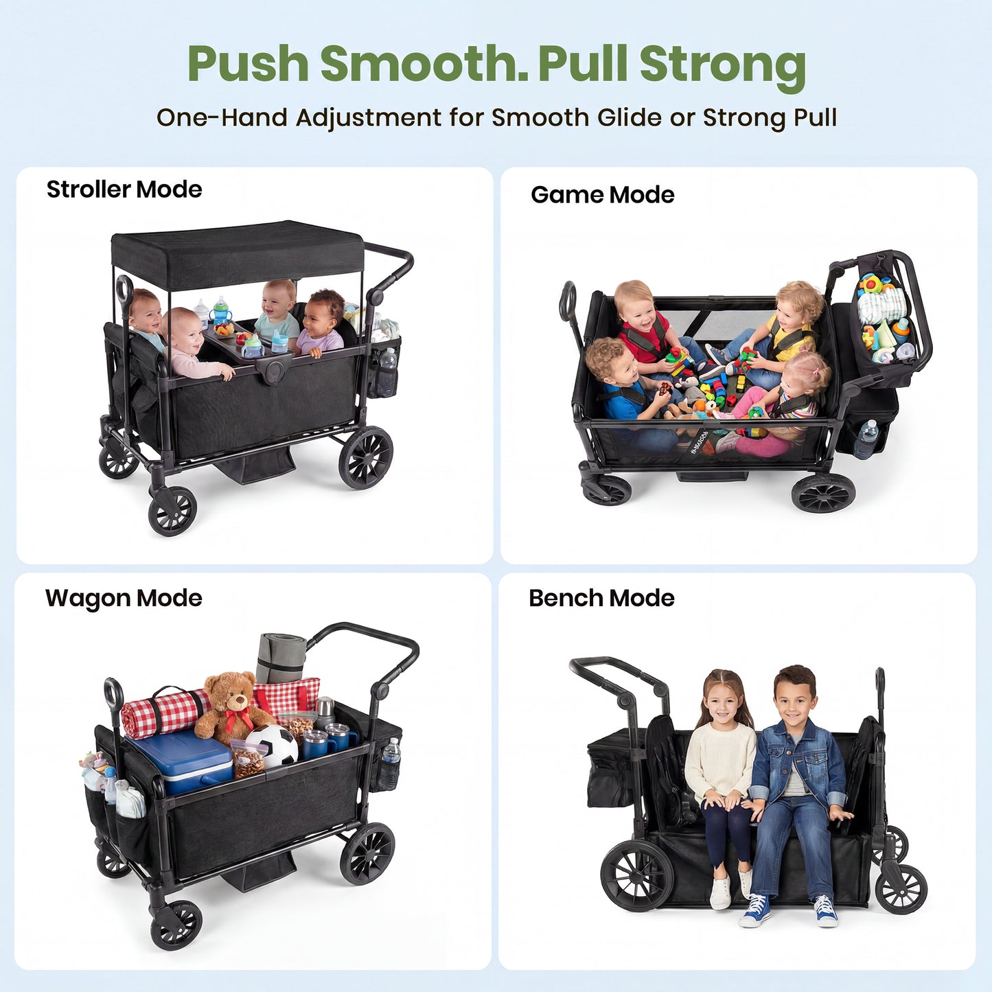 SACVON 4-Seater Stroller Wagon with Side Entry, Canopy & Snack Tray, Includes Detachable Storage Bag That Converts to a Backpack–Black