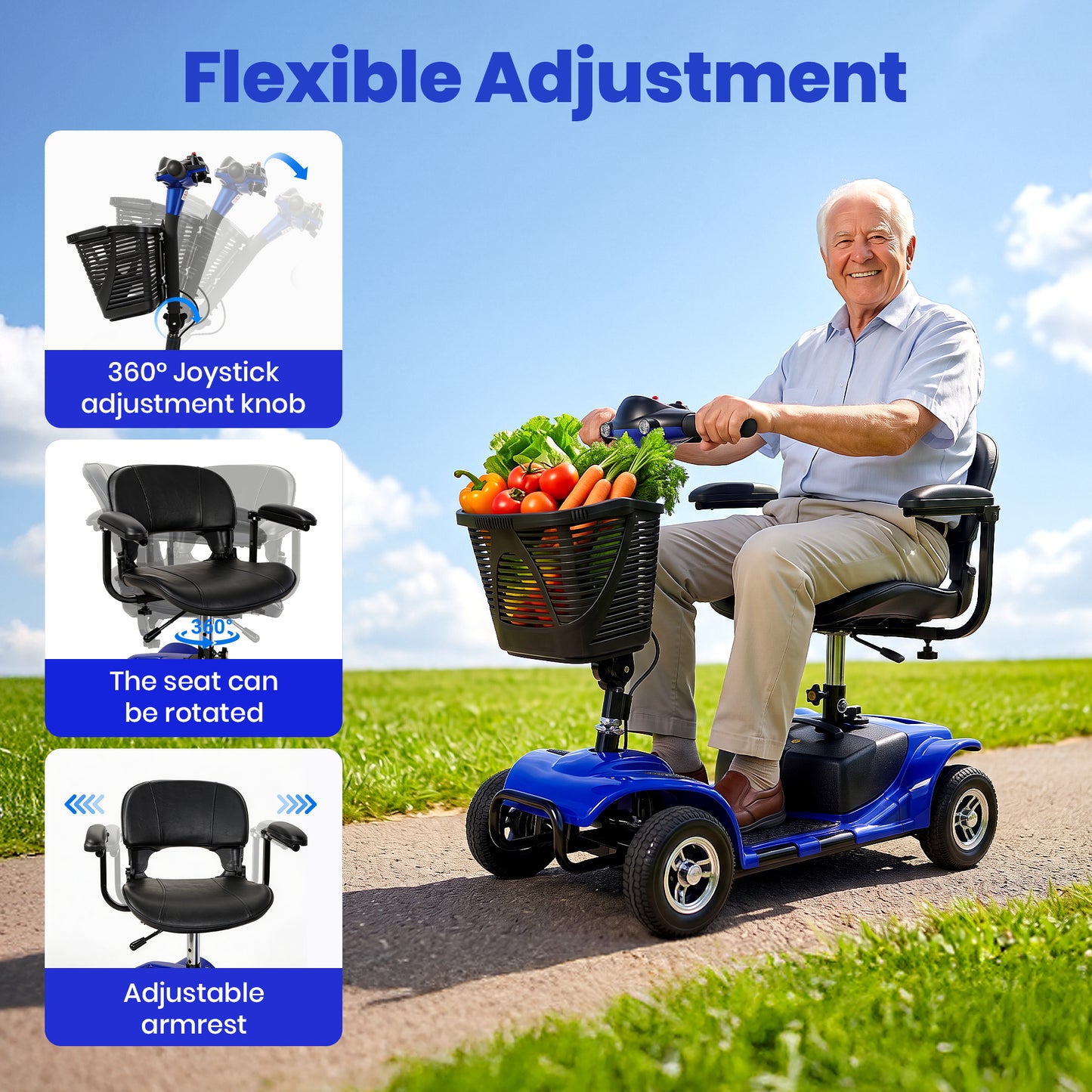 SACVON 4 Wheel Mobility Scooter for Seniors, 330 lbs Heavy Duty Electric Powered Scooter with 15 Miles Long Range, Swivel Seat & Removable Basket for Travel and Grocery Shopping, Blue