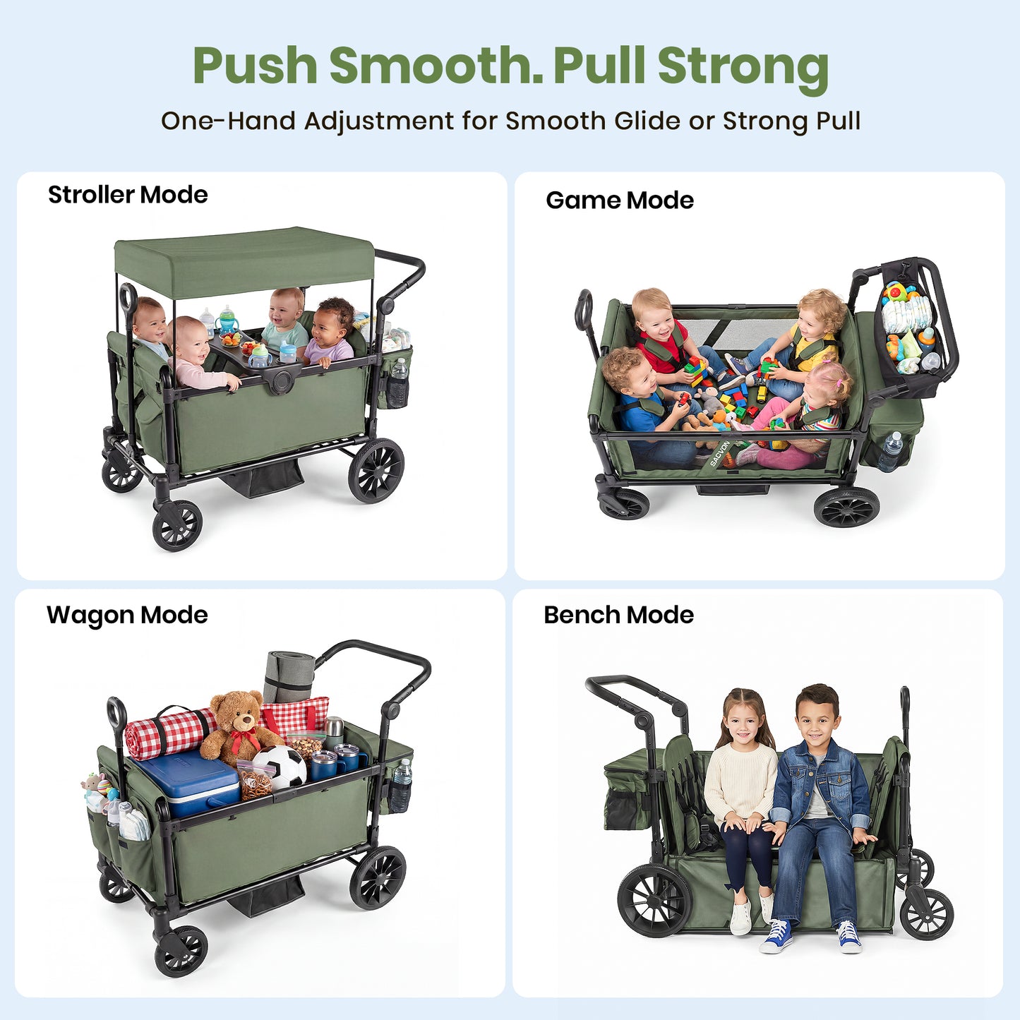 SACVON 4-Seater Stroller Wagon with Side Entry, Canopy & Snack Tray, Includes Detachable Storage Bag That Converts to a Backpack– Olive Green