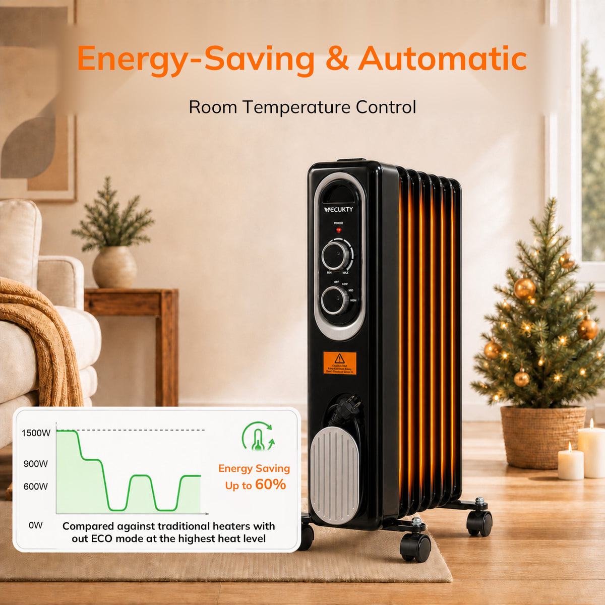 Vecukty Radiator Heater for Large Space, 1500W Electric Oil Filled Radiator, Dual Knobs, 7-Fin Oil Radiator, Quiet Space Heater, 3 Modes, Overheat and Tip-over Protection, 24H Timer