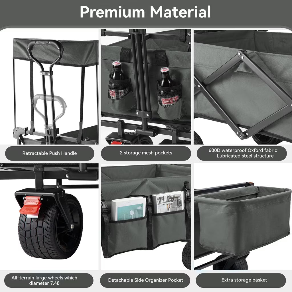 VECUKTY Collapsible Garden Wagon Cart with Removable Canopy Gray