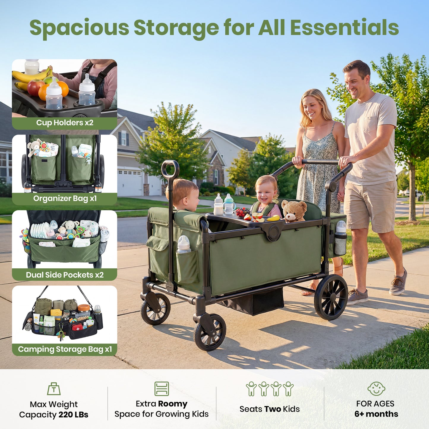 SACVON 2-Seater Stroller Wagon with Side Entry, Canopy & Snack Tray, Includes Removable Storage Bag That Converts to a Backpack-Olive Green